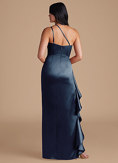 Azazie Latrice Jurken voor bruidsmeisjes Jurk van Metaalachtig Satijn met Kolom One-Shoulder Donkere Marine image5