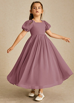 Azazie Joss Abiti da Ragazza di Fiori Abito A-Line in Chiffon Con Maniche Vintage Malva image3