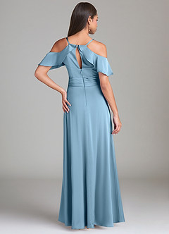 Azazie Dakota Bridesmaid Dresses Steel Blue A-Line Off the Shoulder Stretch Satin Dress image2