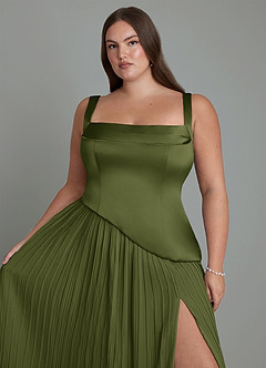 Azazie Stephanie Bridesmaid Dresses Olive A-Line Pleated Stretch Satin Dress image9