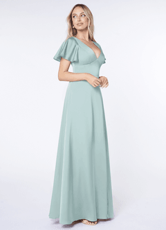 Azazie Lani Brudtärnklänningar Klänning av A-Line i Stretch Satin Volangärm Dimma image4