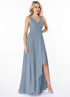 Azazie Calvi Bridesmaid Dresses Dusty Blue A-Line Ruched Chiffon Dress image3