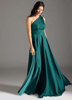 Azazie Charlize Robes de demoiselle d'honneur Robe Trapèze en Satin extensible Ue épaule Paon image3