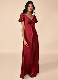 Azazie Soren Bridesmaid Dresses Scarlet A-Line Pleated Stretch Satin Dress image4