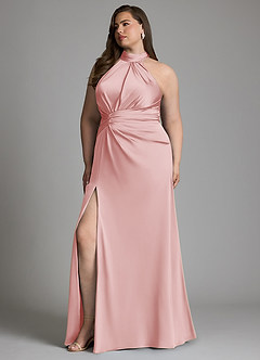 Azazie Gracelynn Robes de demoiselle d'honneur Robe Fourreau en Satin extensible Plissé Rose Poudré image13