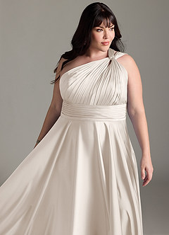 Azazie Charlize Bridesmaid Dresses White Alabaster A-Line One Shoulder Stretch Satin Dress image7