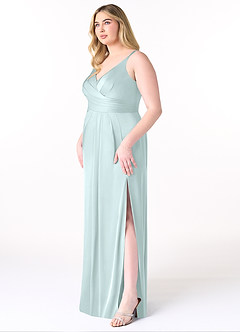 Azazie Aqua Bridesmaid Dresses Sea Glass A-Line V-Neck Pleated Stretch Satin Dress image10
