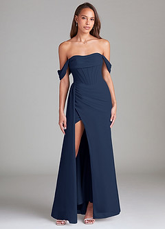 Azazie Amyra Robes de demoiselle d'honneur Robe Fourreau Convertible en Mousseline de soie Épaule décolletée Bleu Marine Foncé image1