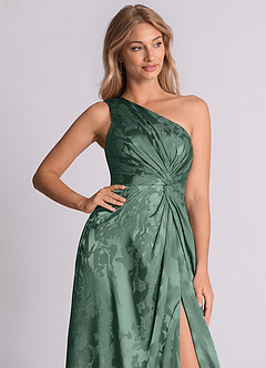 Azazie Brooke 신부 들러리 드레스 A라인 한쪽 어깨 자카드 바닥 길이 드레스 image2