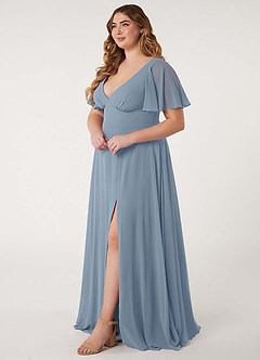 Azazie Kimber Bridesmaid Dresses Dusty Blue A-Line Flounce Sleeve Chiffon Dress image11