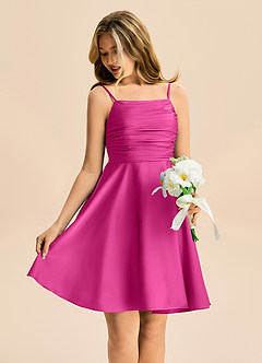 Azazie Miko Junior Fuchsia A-Line Pleated Stretch Satin Dress image4