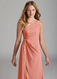 Azazie Mika Junior Coral A-Line Pleated Stretch Satin Dress image4