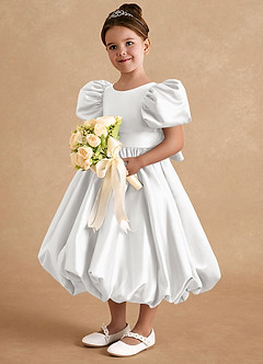 Azazie Jellybean Flower Girl Dresses White Ball-Gown Ruched Matte Satin Dress image1