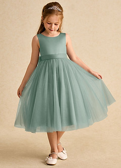 Azazie Winnie Robe Demoiselle D'honneur Fillette Robe Robe de bal en Tulle Nœud Sauge D'argent image2