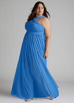 Azazie Hillian Vestidos de damas de honor Vestido de Azul Grisaceo de Malla de Corte en A con Halter Plisado image10