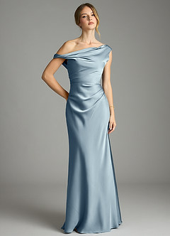 Azazie Emerson Robes de demoiselle d'honneur Robe Sirène en Satin extensible Épaule décolletée Bleu Poussiéreux image1