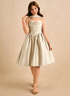 Azazie Shona Girls Formal Vendita Finale Abito A-Line in Raso Opaco Scollo a Cuore Champagne image6