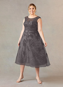 Azazie Flynn Mother of the Bride Dresses Steel Grey A-Line Boatneck Lace Tulle Dress image6