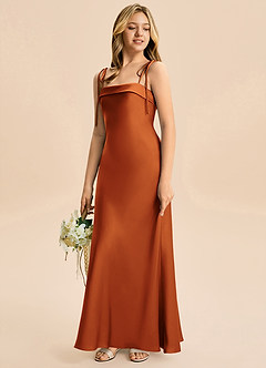 Azazie Willa Junior Vestido de Canela de Satén Elástico de Corte en A con Lazo image5