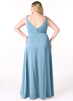 Azazie Dalilah Vestidos de damas de honor Vestido de Azul Acero de Satén Elástico de Corte en A con Cuello en V plisado image7