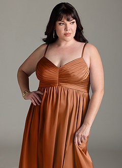 Azazie Alia Bridesmaid Dresses Copper A-Line Pleated Stretch Satin Dress image14