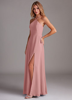 Azazie Bailey Brautjungfernkleider A-Linie Halter Seitenschlitz Chiffon Kleid Altrosa image3