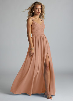 Azazie Aziza Bridesmaid Dresses Champagne Rose A-Line V-Neck Pleated Chiffon Dress image3