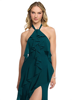 Azazie Velma Bridesmaid Dresses Pine A-Line Side Slit Chiffon Dress image4
