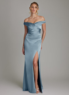 Azazie Teyana Bridesmaid Dresses Dusty Blue Sheath Off the Shoulder Stretch Satin Dress image4
