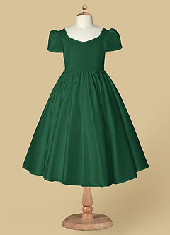 Azazie Juno Blumenmädchenkleider A-Linie Herzausschnitt Matte Satin Kleid Dunkelgrün image6