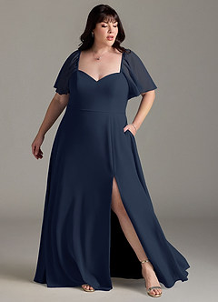 Azazie Chloe Vestidos de damas de honor Vestido de Azul Marino Oscuro de Gasa de Corte en A con Escote de Corazón image9