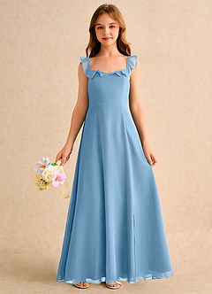 Azazie Chip Girls Formal Abiti da Ragazza di Fiori Abito A-Line in Chiffon Senza Maniche Blu Acciaio image3