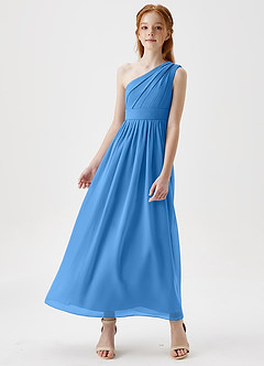 Azazie Anissa Junior Abito A-Line in Chiffon Plissettato Blue Jay image4