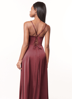 Azazie Maksim Bridesmaid Dresses Merlot A-Line V-Neck Stretch Satin Dress image3