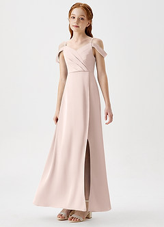 Azazie Ocean Junior Blushing Pink A-Line Off the Shoulder Stretch Satin Dress image5