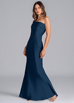 Azazie Driea Bridesmaid Dresses Dark Navy Mermaid One Shoulder Stretch Satin Dress image6