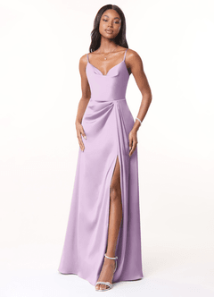Azazie Brielle Bridesmaid Dresses Frosted Lilac A-Line Cowl Spaghetti Straps Stretch Satin Dress image1