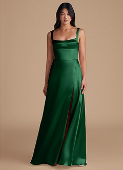 Azazie Hope Bridesmaid Dresses Dark Green A-Line with Pockets Metallic Satin Dress image2