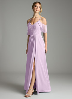 Azazie Dakota Vestidos de damas de honor Vestido de Lila Esmerilada de Gasa de Corte en A con Cuello en V plisado image4