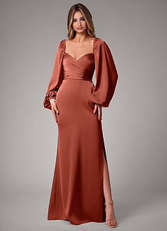 Azazie Sonata Bridesmaid Dresses Terracotta Sheath Long Sleeve Stretch Satin Convertible Dress image3