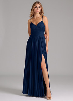 Azazie Vini Bridesmaid Dresses Dark Navy A-Line Pleated Stretch Satin Dress image4