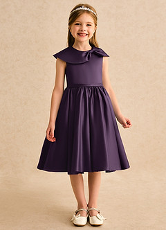 Azazie Acorn Flower Girl Dresses Plum A-Line Pleated Matte Satin Dress image3