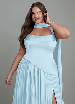 Azazie Stephanie Vestidos de damas de honor Vestido Azul Cielo de Satén Elástico de Línea A con Plisado image13