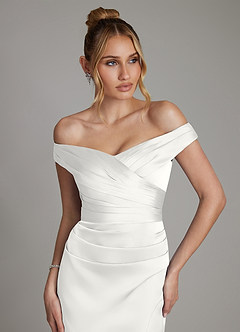 Azazie Teyana Bridesmaid Dresses White Sheath Off the Shoulder Stretch Satin Dress image2