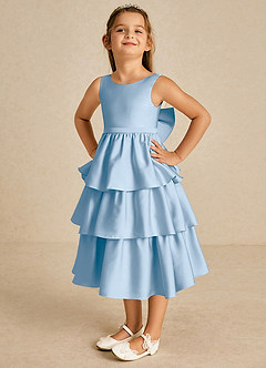 Azazie Margery Flower Girl Dresses Powder Blue A-Line Bow Stretch Satin Dress image3