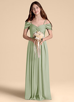 Azazie Kaitlynn Junior Abito A-Line in Raso Elasticizzato a Spalla Scoperta Verde Salvia image4