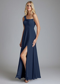 Azazie Naiyah Venta Final Vestido de Azul Marino Oscuro de Gasa de Corte en A con Hombro unilateral image4