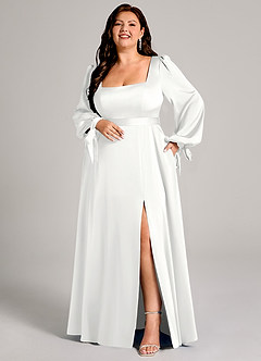 Azazie Leonia Abiti da Damigella Abito A-Line in Raso Elasticizzato Manica Lunga Bianco image8