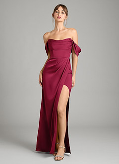 Azazie Johana Bridesmaid Dresses Burgundy Mermaid Off the Shoulder Stretch Satin Convertible Dress image6