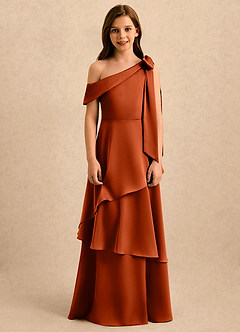 Azazie Shyloh Girls Formal Flower Girl Dresses Paprika A-Line Off the Shoulder Stretch Satin Dress image6
